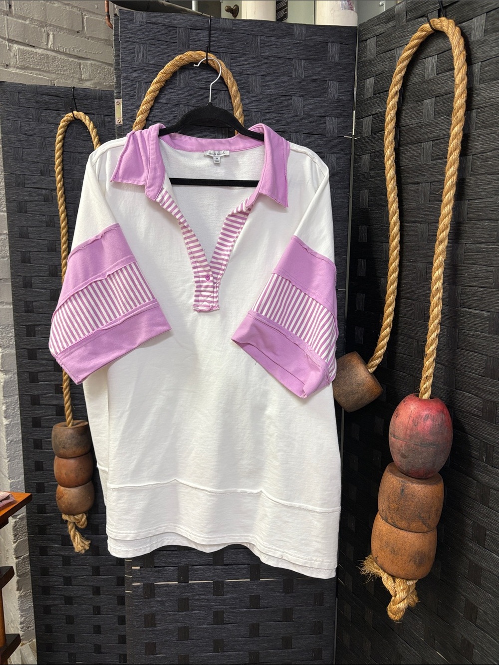 white birch White Tunic Top with Lavender Trim and Stripes
